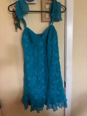 Betsey Johnson Turquoise Floral Slip Dress with Ruffled Hem
